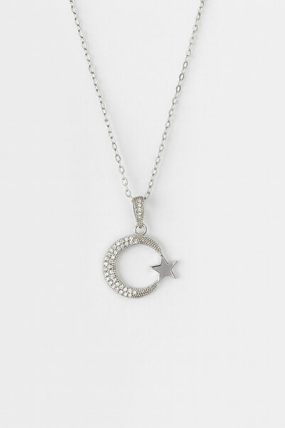 TuQos Moon and Star, Turkish Flag Steel Stainless Steel Necklace Silver Color
