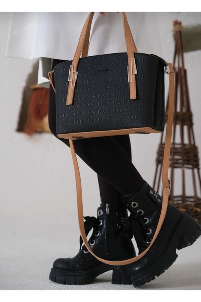 Just Polo Women's Black Tan Embossed Printed Just & Polo Patterned Zipper Clo...