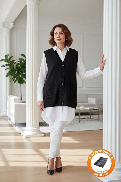 larocci Spiral Detailed Vest Black +Shawl Gift