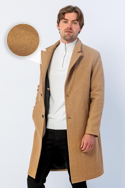 Cekmon Erkek Regular Fit Düğmeli Cepli Kışlık Astarlı Klasik Uzun Kaşe Kaban