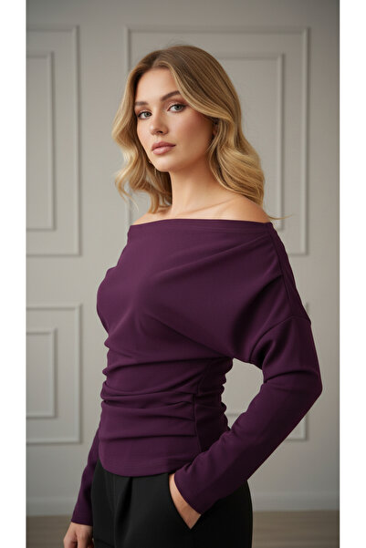 peri tower PRODUS NOU Bluză cu mânecă lungă din țesătură creponată tricotată, cu guler drapat și detaliu cu drapele 0031