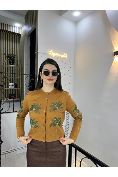 Butik Camel Taşlı boncuklu palmiye işlemeli çelik triko gold düğmeli hırka 49...