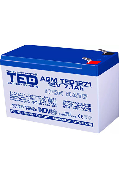 TED Acumulator AGM VRLA 12V 7.1A High Rate 151x65x95mm F2 Battery Expert Holland