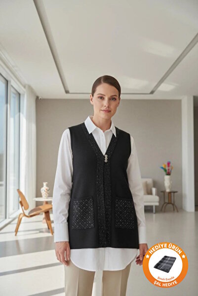larocci Button Detailed Vest Black + Shawl Gift