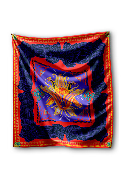 pistore Turuncu Hint Desenli Fular Bandana - Hint Soyut Madalyon Tasarımı Desenli