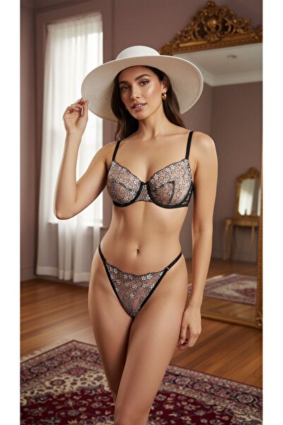 mendoza store Brode Black Ground Pink Floral Thong Chiloți (CHILOȚI AJUSTABLE...