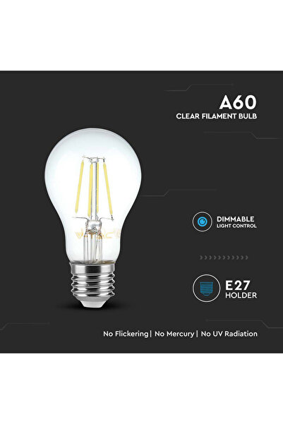 V-TAC Bec E27 A60 CU FILAMENT DIMABIL LED 8W 700lm 3000K alb cald SKU-212815