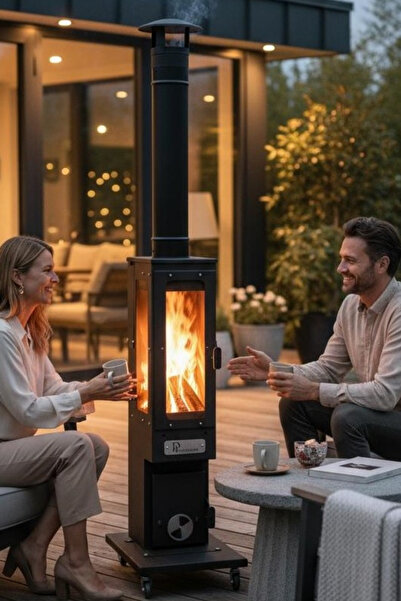 DT DEFNE TASARIM Pelet Soba İç-Dış Mekan 3 Tarafı Camlı Tekerlekli Pelet Sobası