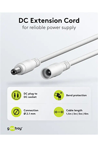 goobay Extension cable DC 5.5/2.1 plug - DC 5.5/2.1 socket 10m 5A 2x0.5mm2 straight copper white 76677