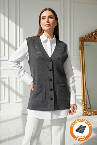 larocci V-Neck Wrap Detailed Vest Anthracite + Shawl Gift