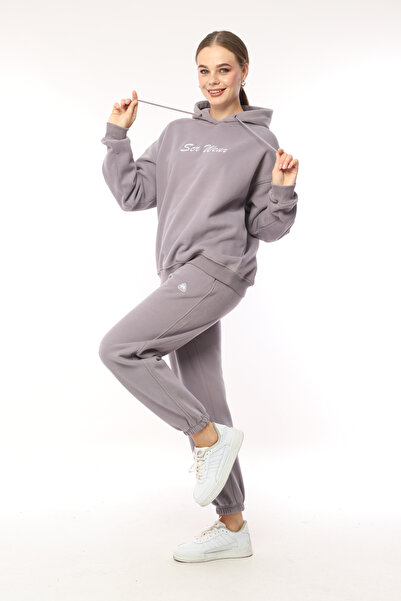 Women's Medium Size Tracksuit with Hooded Elastic Sweatshirt Set 21690