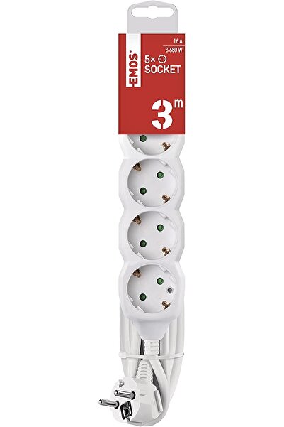 EMOOS Electrical extension cord 3m 5x Schuko white P0523R EMOS 3680W copper conductor 1.5mm2