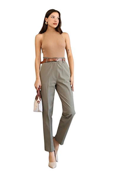 lodmela Pocket Detailed Elastic Waist Gabardine Fabric Trousers 6019-Khaki