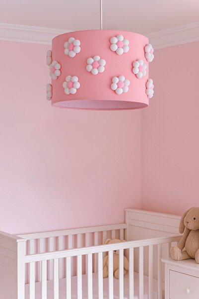 SefDen Lazer Kesim Atölyesi Pembe Kumaş Ponpon Çiçekli Avize - Kız Bebek Çocu...