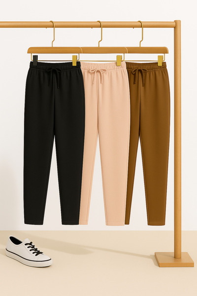 MARKATEM Παντελόνι με λάστιχο στη μέση και κορδόνια, φαρδύ παντελόνι με χτενισμένο βαμβακερό κορδόνι, άνετο 3-στοιχειακό σύνολο, Μαύρο Εκρού Καφέ