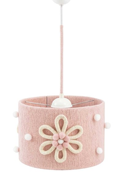 C&A&B KUZEY AVİZE Pembe Makrome Ip Sargı Çiçek Aplike Ekru Ponponlu Tasarım Kız Bebek Kızçocuk-genç Odası Sarkıt Avize