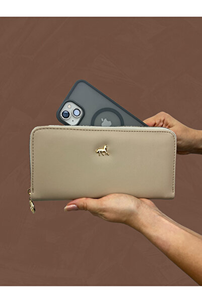 shiny ever Large Size Leather Women's Wallet Handbag with Phone Compartment, Cream Color with Gold Detail