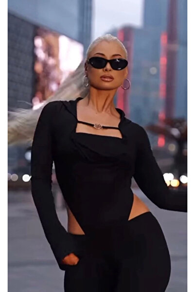 DUOF Women's Long Sleeve Square Neck Buckle and Low Waist Detail Jumpsuit Romper