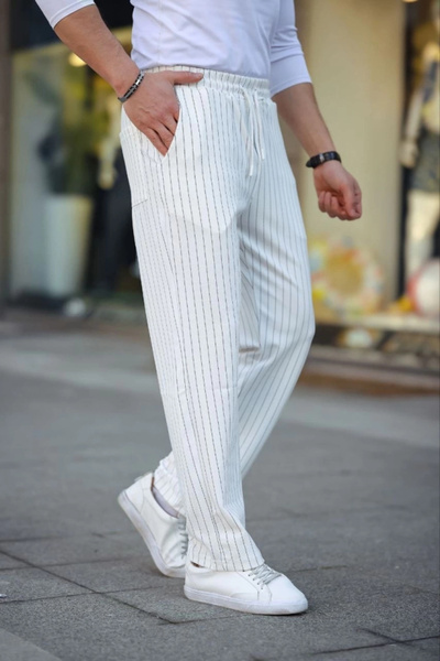 DoğruFashion Mdb Men's Striped Woven Crepe Jogger Buggy Pants Comfortable Fit White