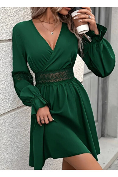 Butik Women's Long Sleeve Double-Breasted Collared Lace Zipper Detailed Mini Imported Crepe Dress