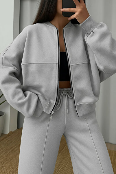 ruNadeS Women's 3 Thread Fleece Lined Palazzo Bomber Tracksuit Set