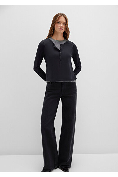 Mavi Wool Blend Double Layer Black Long Sleeve T-Shirt Semi Slim Fit / Semi Tight Fit 1613400-900