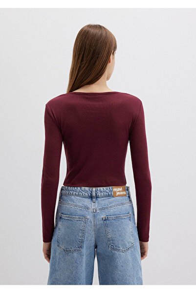 Mavi Button Detailed Long Sleeve Burgundy Crop Basic T-Shirt Crop / Short Cut 1613403-70426