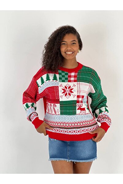 Miss Poem Women's Christmas and New Year's Themed Long Winter Red Knitwear Sweater