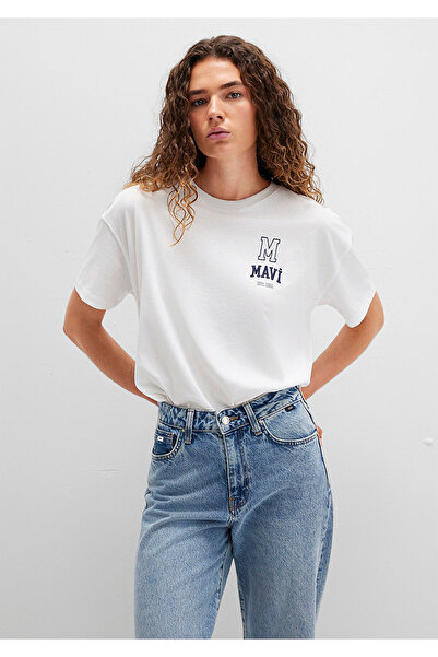 Mavi Logo Embroidered White T-Shirt Loose Fit / Loose Relaxed Fit 1613467-70057
