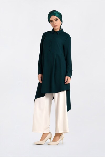 Alvina 4706 Model Asymmetrical Cut and Pleat Detailed Tunic