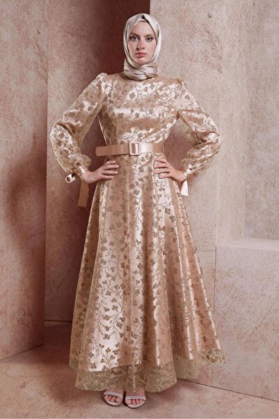 Alvina Belted Flower Patterned Evening Dress 50266