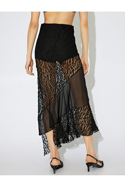 Koton Asymetrická průhledná krajková sukně midi délky s leopardím vzorem