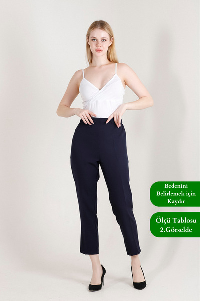 Balenbi High Waist Lycra Navy Blue Women's Woven Trousers - Carrot Leg 1005