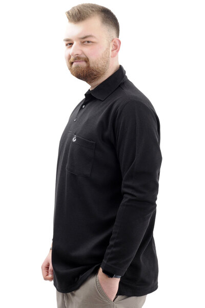 ModeXL Men's Polo Neck Sweatshirt - Long Sleeve, WAFFLE 23449 Black, Plus Size