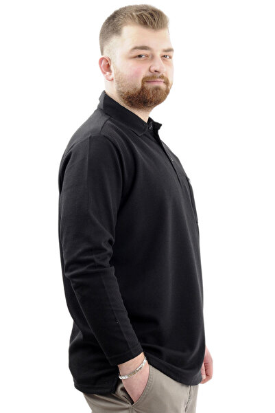 ModeXL Men's Polo Neck Sweatshirt - Long Sleeve, WAFFLE 23449 Black, Plus Size