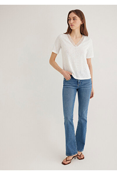 Mavi Lace Detailed V-Neck White T-Shirt Regular Fit 1613130 -70057