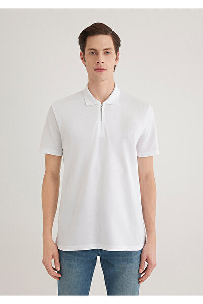 Mavi Weißes Polo-T-Shirt mit halbem Reißverschluss, reguläre Passform 0612525 -620