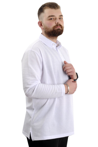 ModeXL Men's Sweatshirt - Mode XL, Polo Collar, Long Sleeve, WAFFLE 23449 White