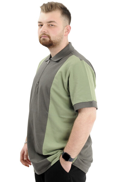 ModeXL Men's Polo Neck T-Shirt - Plus Size, Color Block, U24327 Khaki