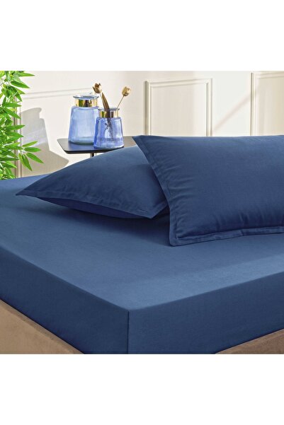 Taç Satin Double Navy Blue Sheet Set - Color Dreams