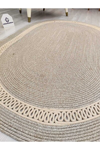 ModaCardin jüt Hasır görünümlü Desenli Modern El Örgüsü oval Halı Kilim