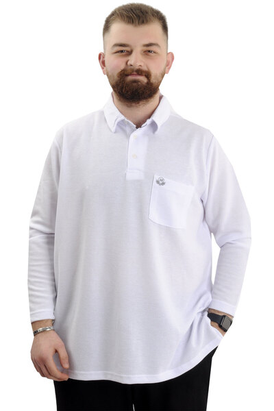 ModeXL Men's Sweatshirt - Mode XL, Polo Collar, Long Sleeve, WAFFLE 23449 White