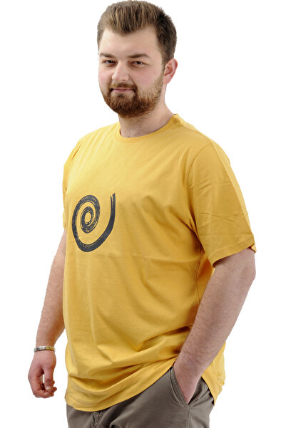 ModeXL Mustard Color Mode XL Large Size Men's T-Shirt - Crew Neck, Printed, Cotton SPIRAL U24065