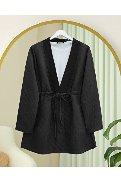 Modamorfo V-Neck Waist Tie Buttoned Pocketed Cap -Black