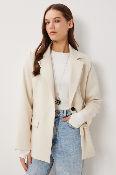 Lovelyİstanbul Vatkalı Poliviskon Blazer Ceket LGP0018 KREM