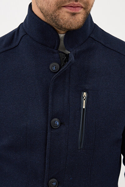 Frappoli Pagano Men's Navy Blue Mock Neck Pocket Detailed Thick Sport Cashmere Coat