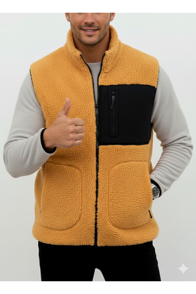 OXVİN Plush Vest Woolen Lamb Welsoft Bone Zipper Pocket Detail (Full Size)