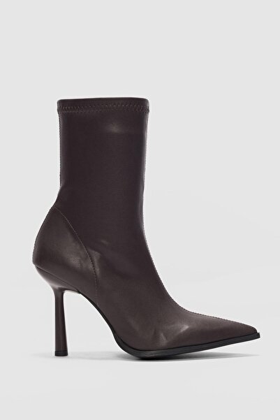 selin shoes Loran İnce Topuklu Sivri Burun Streç Kadın Bot- KAHVERENGİ