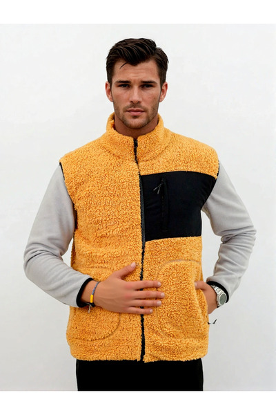 OXVİN Plush Vest Woolen Lamb Welsoft Bone Zipper Pocket Detail (Full Size)
