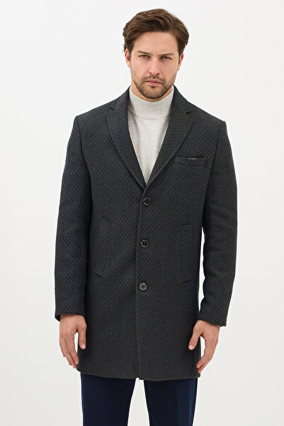 Frappoli Vivaldo Men's Khaki-Navy Blue Self-Patterned Jacket Collar Slim Fit Cashmere Coat